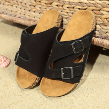 (Black, 7) Men's Adjustable Double Buckle Slide Sandals - Casual Beige Upper with Brown Sole, Non-Slip & Durable