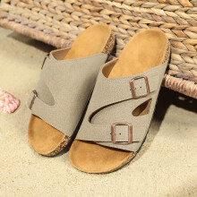 (Sand Gray, 8.5) Men's Adjustable Double Buckle Slide Sandals - Casual Beige Upper with Brown Sole, Non-Slip & Durable