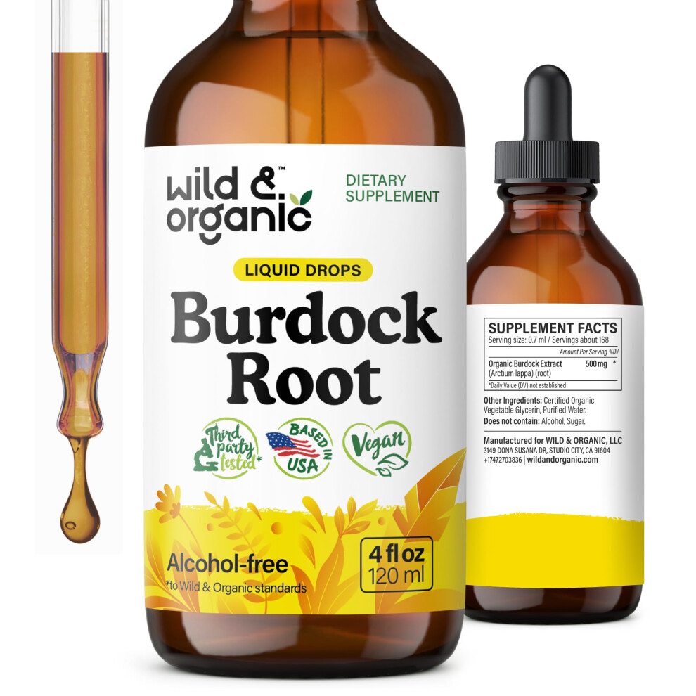 Wild & Organic Burdock Root Tincture - Liquid Supplement For Antioxidant, Detox, Digestive Support - Burdock Root Herb Drops - Vegan, Sugar & Alcohol