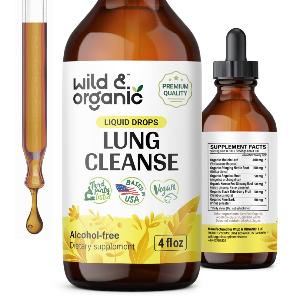 Wild & Organic Lung Cleanse Detox Tincture - Mullein Drops For Lungs - Herbal Mullein Extract Supplement - Vegan, Alcohol-Free Drops - 4 Fl Oz