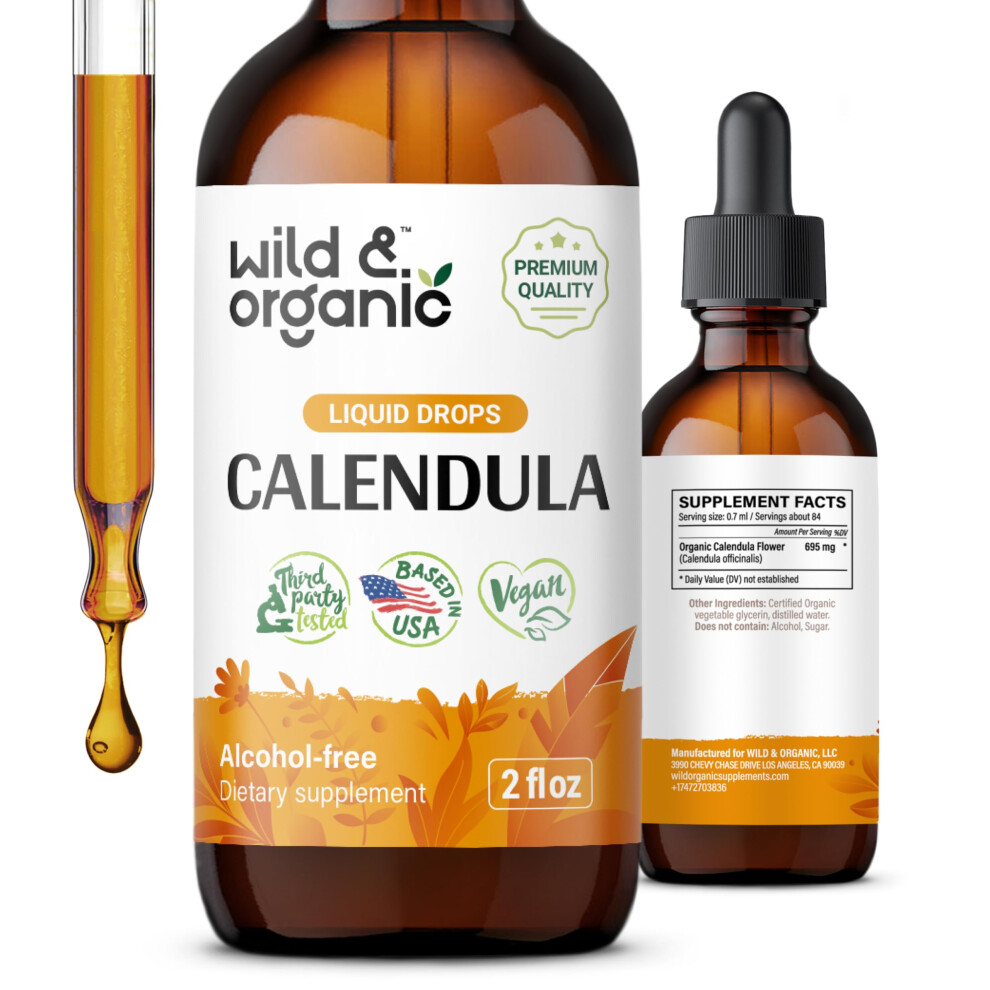 Wild & Organic Calendula Tincture - Alcohol-Free Calendula Extract Drops For Immune Support - Liquid Flowers Supplement - Vegan, Sugar-Free - 2 Fl Oz