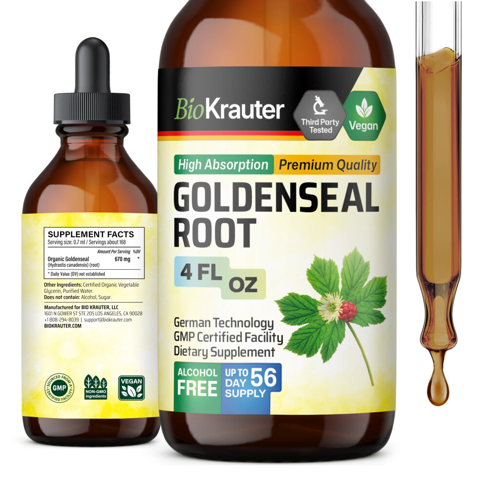 Bio Krauter Golden Seal Tincture - Vegan Lung Cleanse & Detox - Seal Herb Supplement - Alcohol & Sugar Free Drops - 4 Fl.oz.