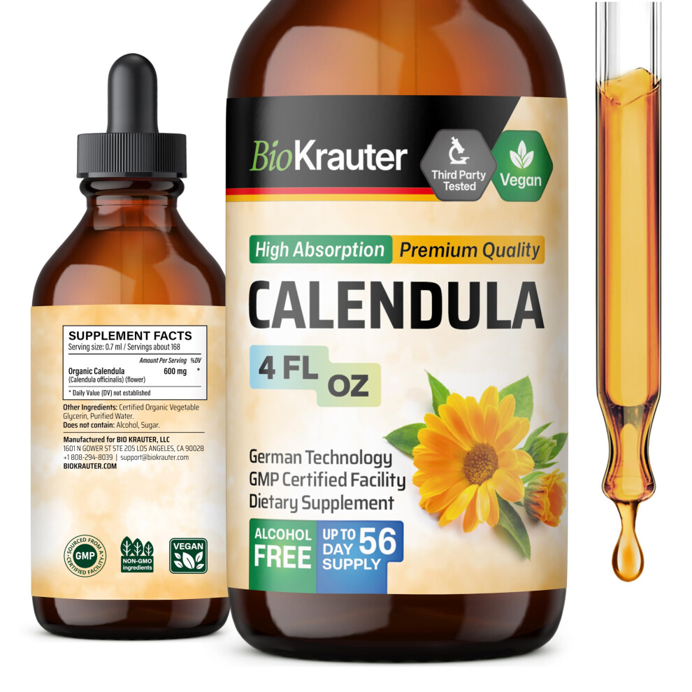 Bio Krauter Calendula Extract - Calendula Tincture For Immunity - Marigold Extract - Alcohol And Sugar Free - Vegan Drops 4 Fl.oz.