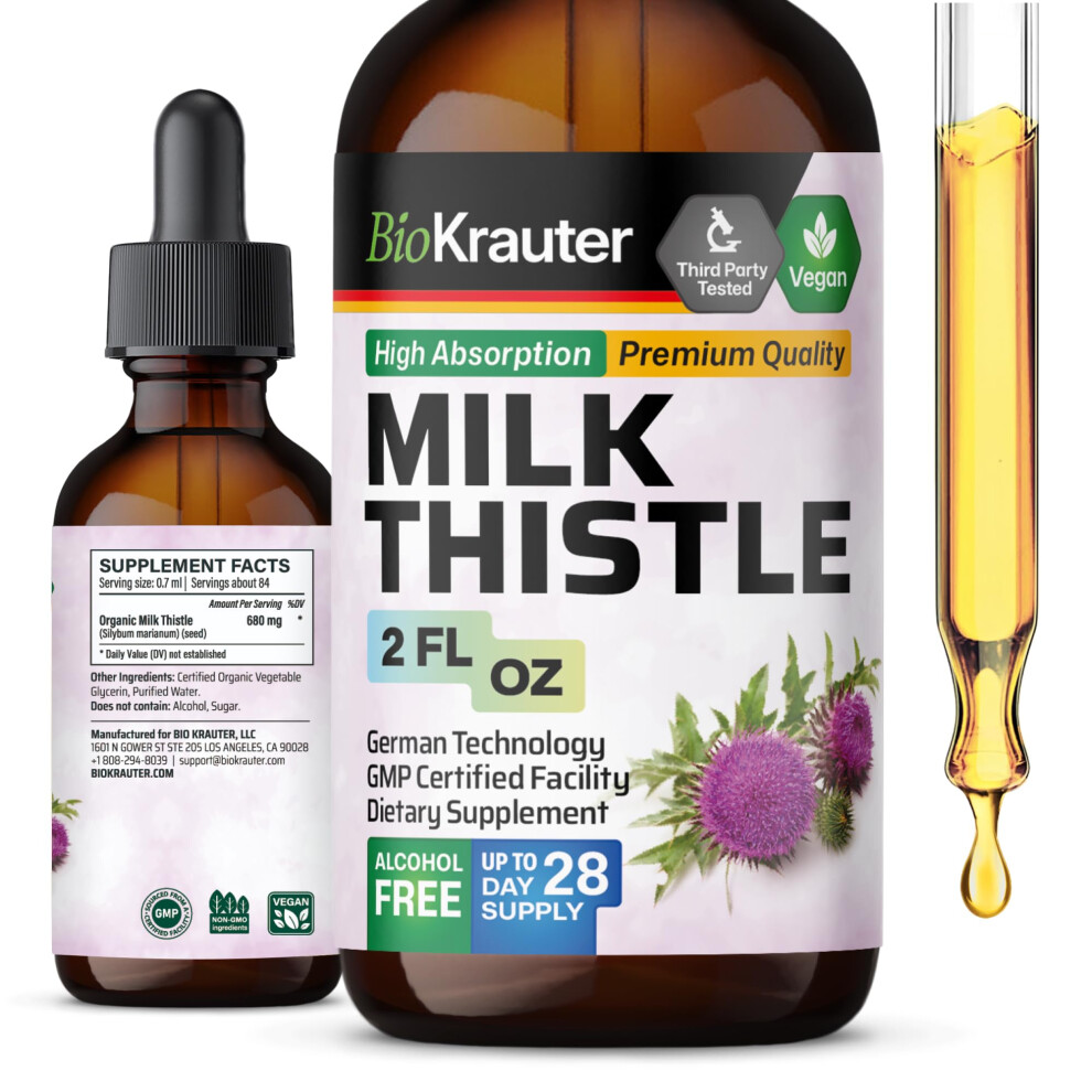 Bio Krauter Milk Thistle Liquid Drops - Milk Thistle Silymarin Liver Support Supplement - Alcohol & Sugar Free Tincture For Liver Cleanse Detox - 2 Fl