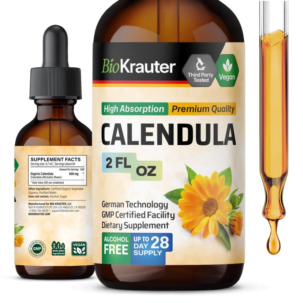 Bio Krauter Calendula Tincture Alcohol Free - Calendula Supplement For Immunity - Marigold Extract - No Sugar - Vegan Drops 2 Fl.oz.