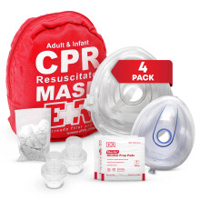 CPR-masker för vuxna och spädbarn - 4-pack - Inkl. 8 ventiler, 4 par vinylhandskar & 8 alkoholservetter