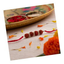 Astrotalk Siddh Rudraksha Rakhi för Bror Combo | Välsignad 5 Mukhi Rudraksha | Rakhi Gåva till Bror med Roli-Chawal | För Skydd &