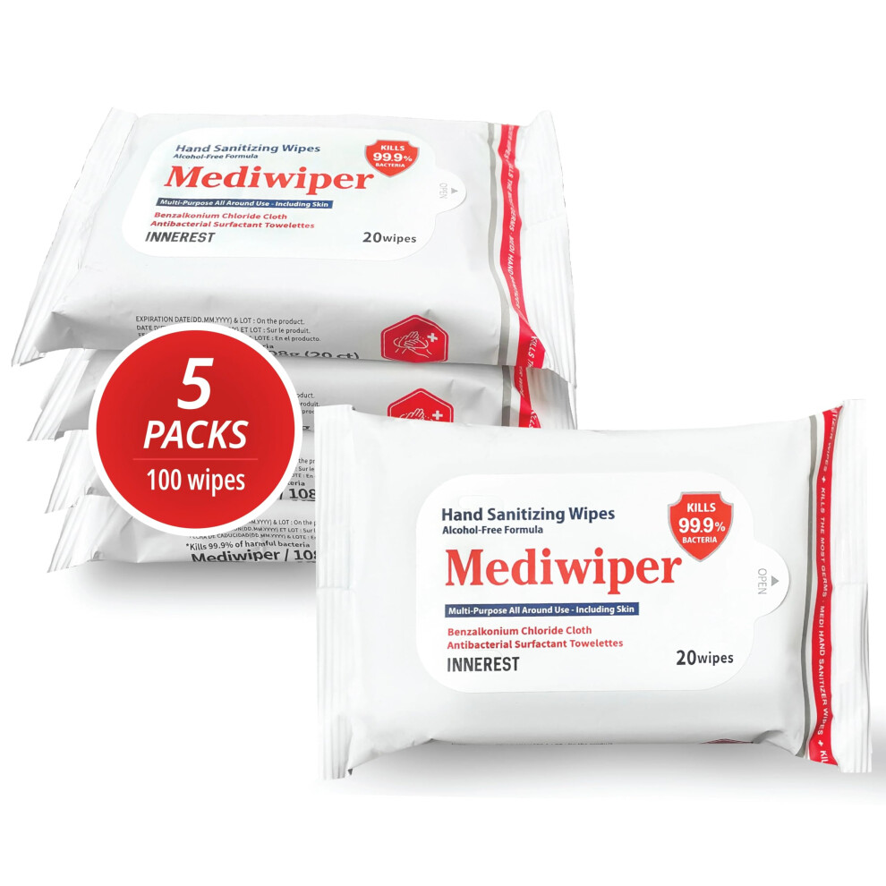 Innerest Mediwiper 20 Count Alcohol-Free Sanitizing Wipes Disinfecting Large Unscented Wet Wipes Bulk, Hand Sanitizer (20 Wipes, 100 Wipes (20 * 5))