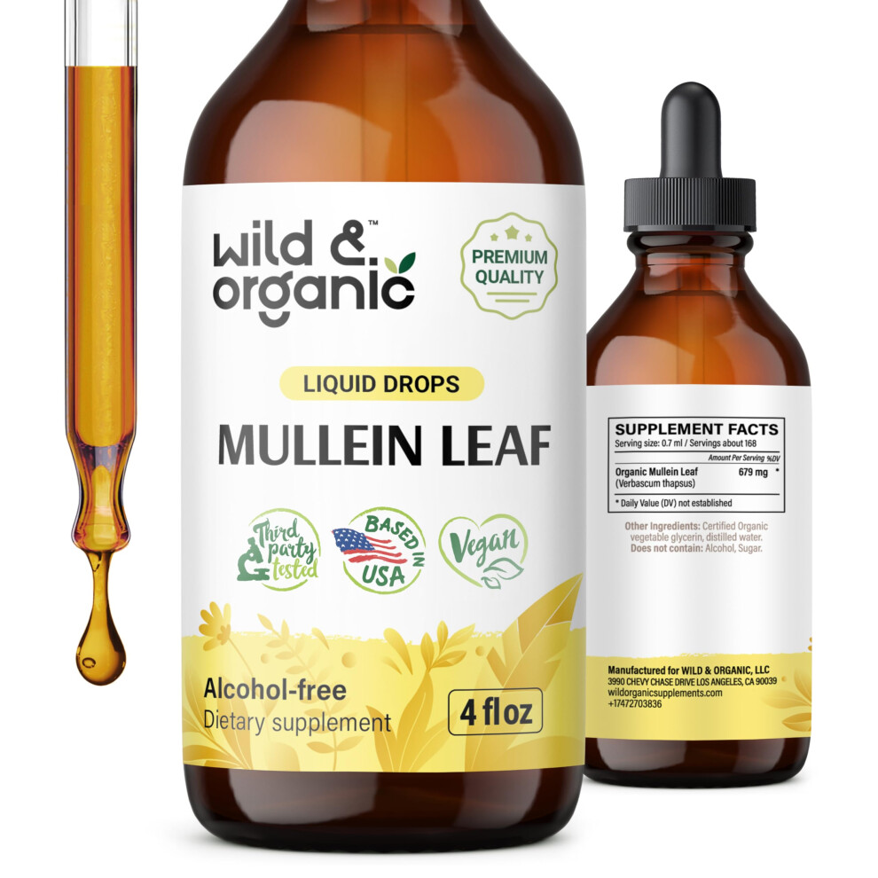 Wild & Organic Mullein Tincture - Lung Cleanse And Detox - Liquid Mullein Leaf Extract For Lungs - Verbascum Thapsus Drops - Vegan, Sugar & Alcohol-Fr