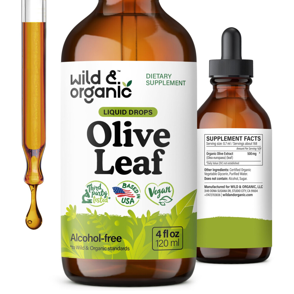 Wild & Organic Olive Leaf Liquid Extract - Olive Leaf Supplement For Immune Support - Oleuropein Liquid Drops - Vegan, Sugar & Alcohol Free Tincture