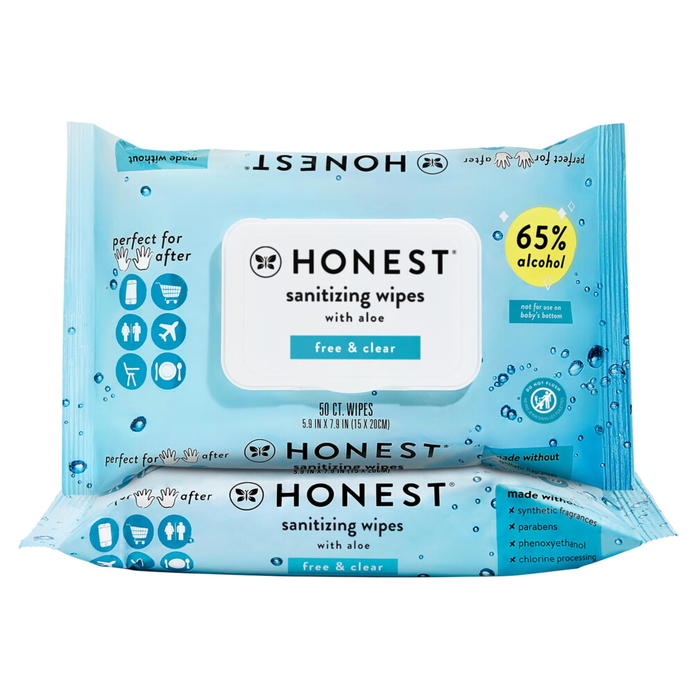 The Honest Company Fragrance Free Sanitizing Alcohol Wipes | Antibacterial + Safe For Hands | Kills 99% Of Germs, Made With Aloe | 100 Count (2 Packs