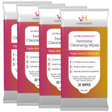 vH essentials Feminine Cleansing Wipes, 32 ct. 4 pk - pH Balanced, Prebiotics, Tea Tree & Aloe, Soothing Witch Hazel, Odor-Blocking Formula, Vaginal a