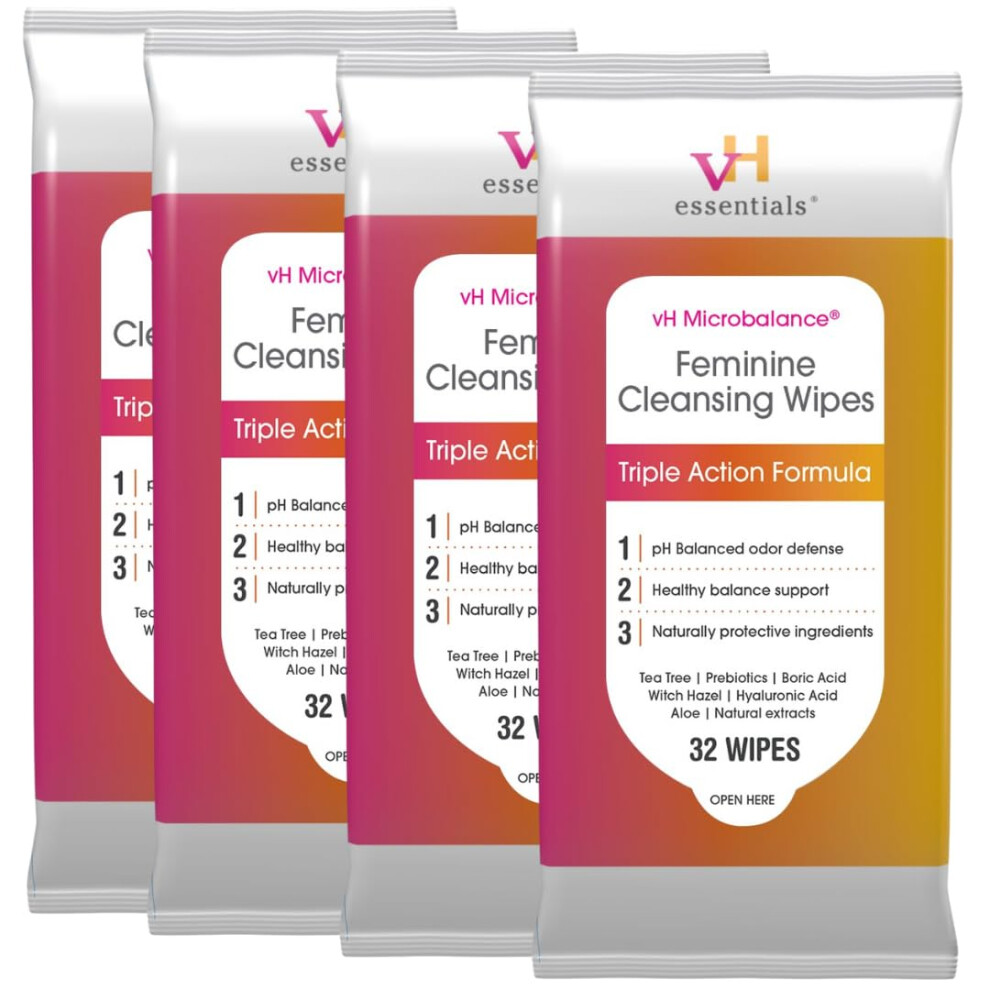 Vh Essentials Feminine Cleansing Wipes, 32 Ct. 4 Pk - Ph Balanced, Prebiotics, Tea Tree & Aloe, Soothing Witch Hazel, Odor-Blocking Formula, Vaginal A