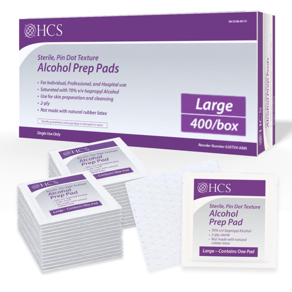 Hcs Medical Solutions Hcs Large Alcohol Prep Pads - 70% Isopropyl Alcohol Wipes, Individually Wrapped - 2 Ply, Textured, Sterile Skin Prep Swabs (400/Box)