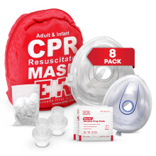 Vuxen- och spädbarns CPR-maskkombinationskit - 8-pack - Inkluderar 16 ventiler, 8 par vinylhandskar & 16 alkoholservetter