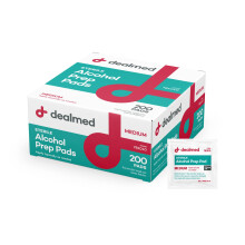 Dealmed 200 Steriele Alcohol Prep Pads Isopropyl Doekjes Individueel Verpakt Medium Vierkant, 2-laags voor Snijwonden en Reiniging