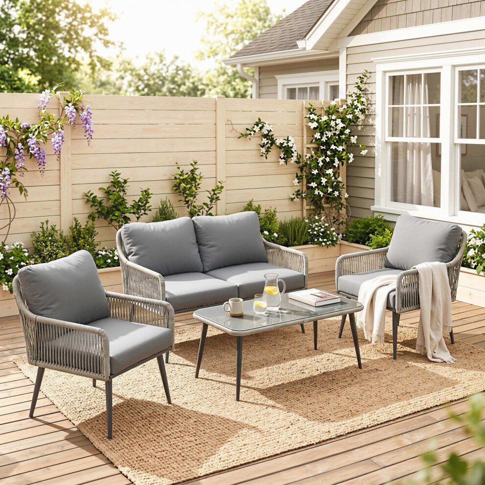 Outsunny Rattan Garden Furniture Set, Tempered Glass With 3 Chairs
