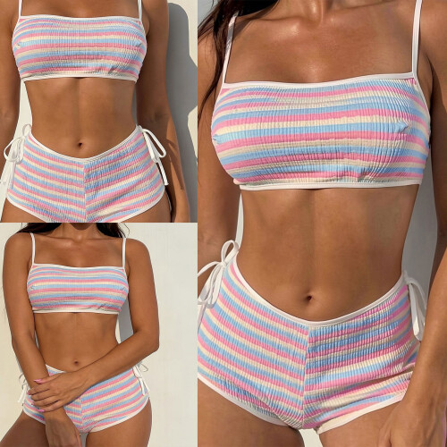 Maillot de bain deux pièces imprimé à rayures pour-Rose M 2