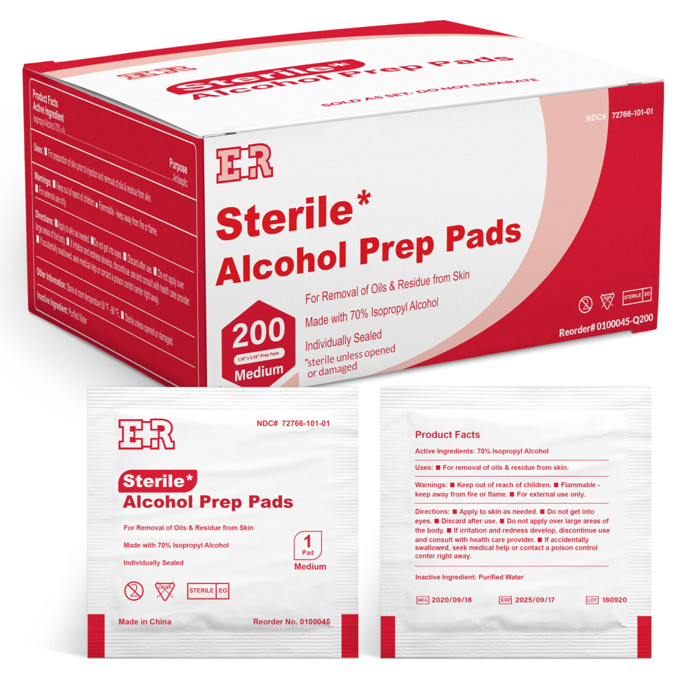 Ever Ready First Aid Alcohol Prep Pads, Medium 2-Ply Alcohol Wipes, Individually Wrapped Swabs, Saturated With 70% Isopropyl Alcohol - 200 Count