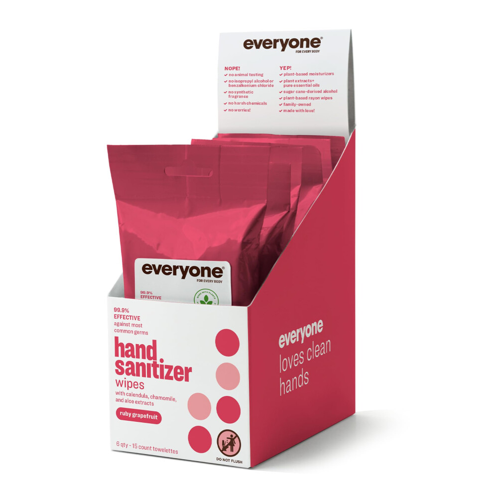 Everyone For Every B Everyone Hand Sanitizer Wipes, 15 Wipes (Pack Of 6), Ruby Grapefruit, Sugar Cane Derived Alcohol With Essential Oils, Tsa Friendly