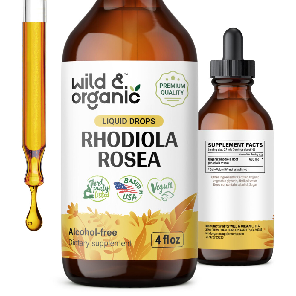 Wild & Organic Rhodiola Rosea Tincture - Rhodiola Rosea Supplement For Mood Support - Relaxing Root Extract Liquid Drops - Vegan, Sugar & Alcohol-Free
