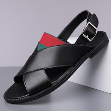 (Black, 6.5) Large Size, Black, Adorned with Red And White Stripes, Adjustable Buckle Straps, Perfect for The Beach And Casual Wear