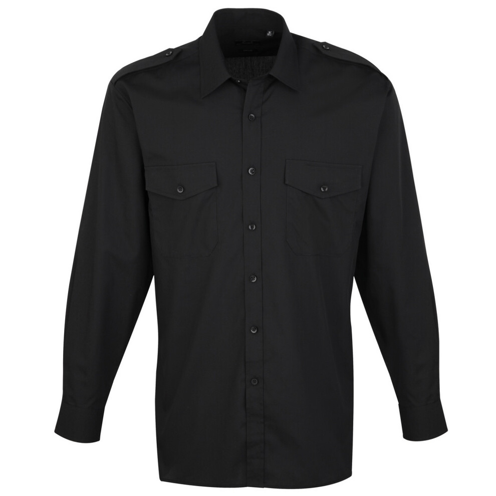 Premier (18, ) Mens Long Sleeve Pilot Plain Work Shirt Black