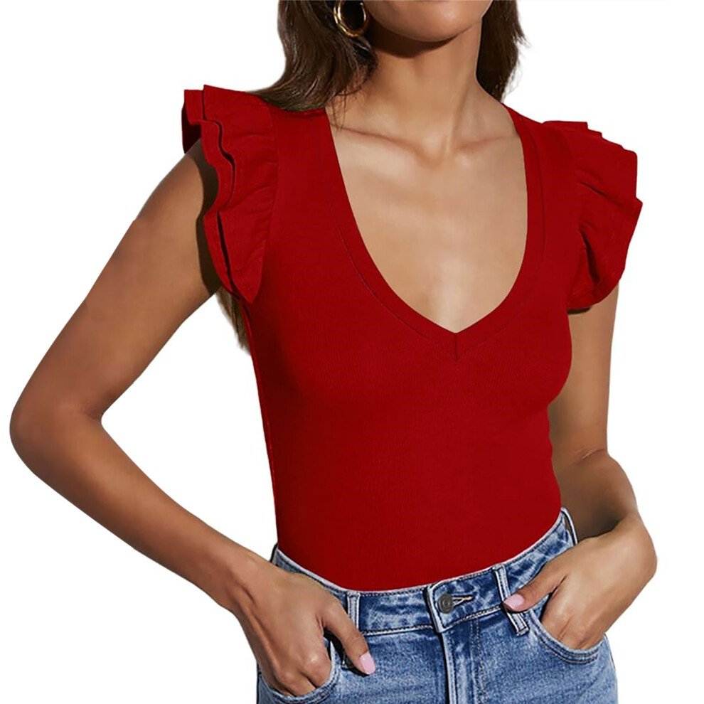 Camiseta sin mangas de verano para mujer, cuello-Burgundy XXL