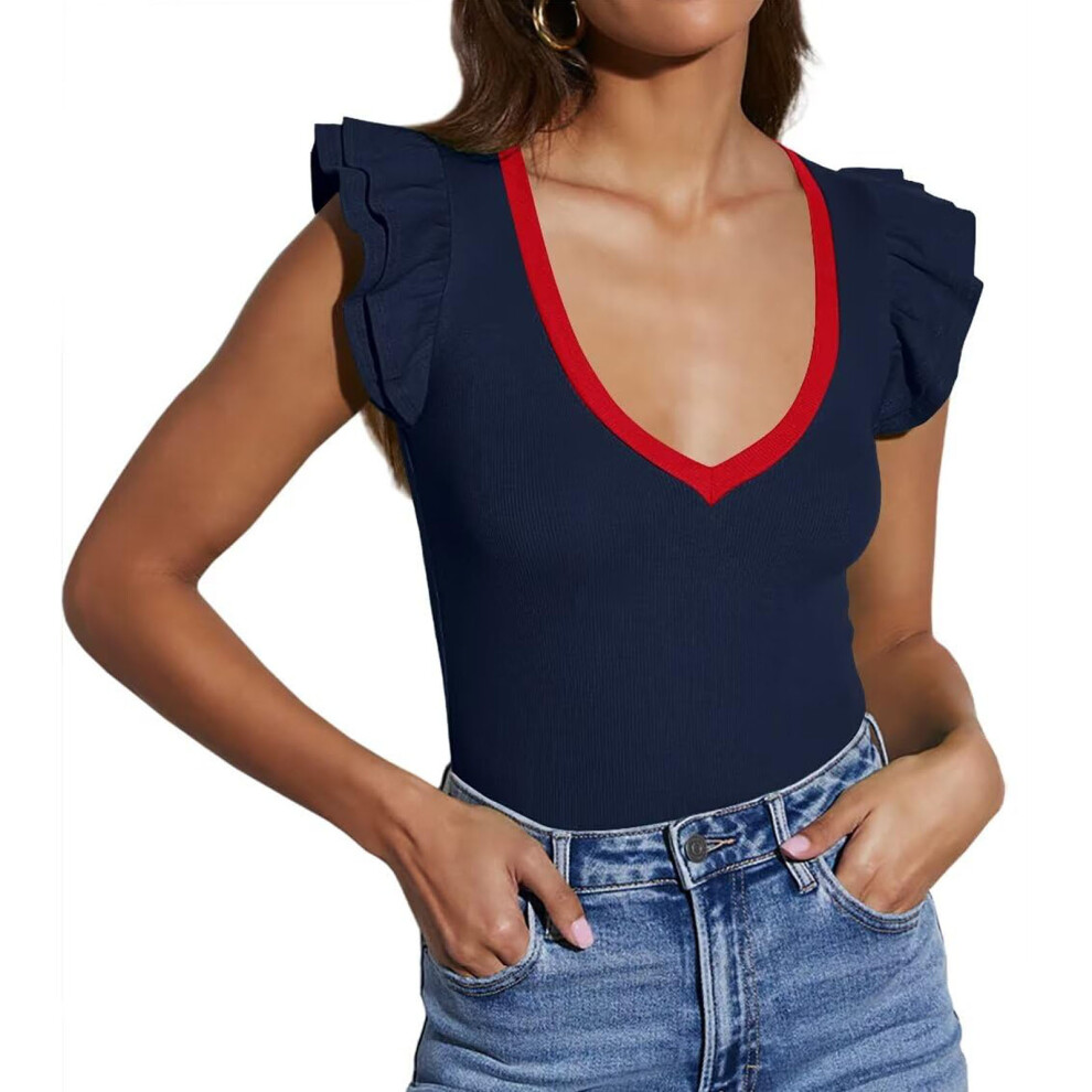 Blue Camiseta Sin Mangas De Verano Para Mujer, Cuello-Navy Xl