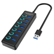 Hub USB 3.0 à 7 ports, répartiteur multiport 5 Gbit/s avec interrupteurs individuels et voyants LED, hub alimenté à haut