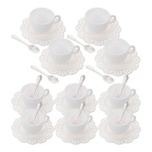 10Sets White Mini Coffee Cup Set with Saucers Metal Spoons Dollhouse