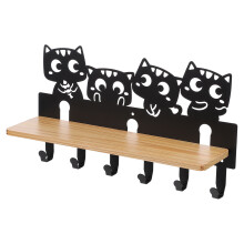 1Pc Wall Storage Rack with Hooks Metal Wood Cat Design