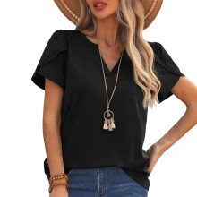 Women's Petal Short Sleeve V Neck Loose Fit T-Shirt-Black M