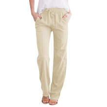 Linen Cotton Pants For Women Loose Elastic Waist-Apricot L