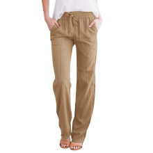 Linen Cotton Pants For Women Loose Elastic Waist-Khaki XXL