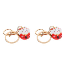 2Pcs Japanese Style Cat Keychain Red Metal Keyring for Bag Decor