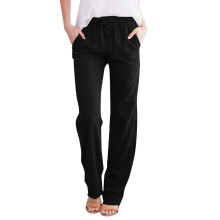 Linen Cotton Pants For Women Loose Elastic Waist-Black XL