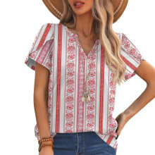 Women's Floral Print Petal Short Sleeve-Pink with red stripe M
