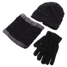 1Set Black Beanie Scarf and Gloves Set Men Warm Knitted Winter Hat