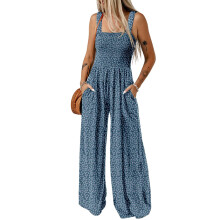 Women's Casual Loose Sleeveless Printed Wide-Leg Jumpsuit-Blue M