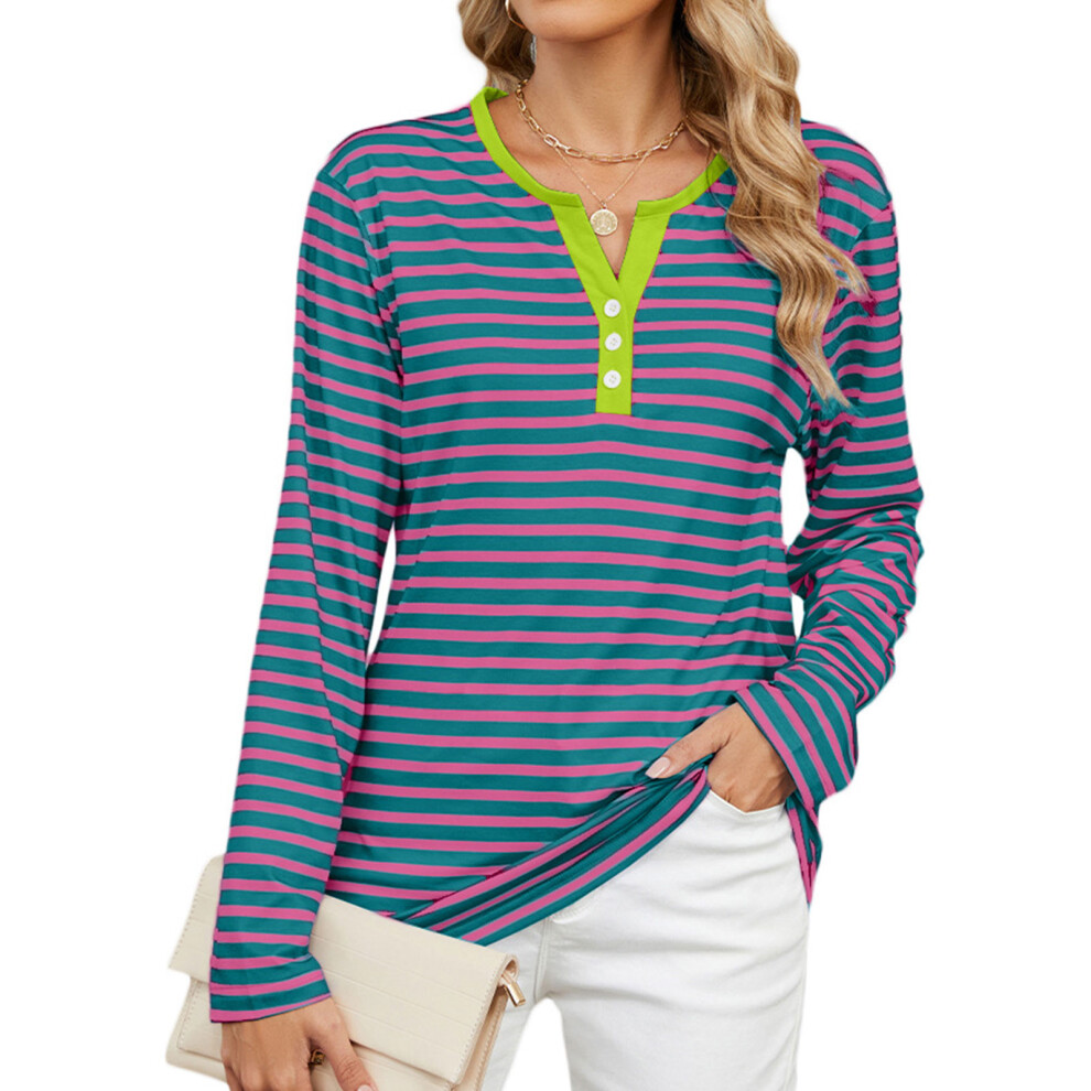 Women's Autumn Long-Sleeved Striped Henley Shirt,-Army Green S