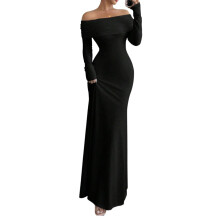 Women's Long Sleeve Off The Shoulder Bodycon Dress-Black L