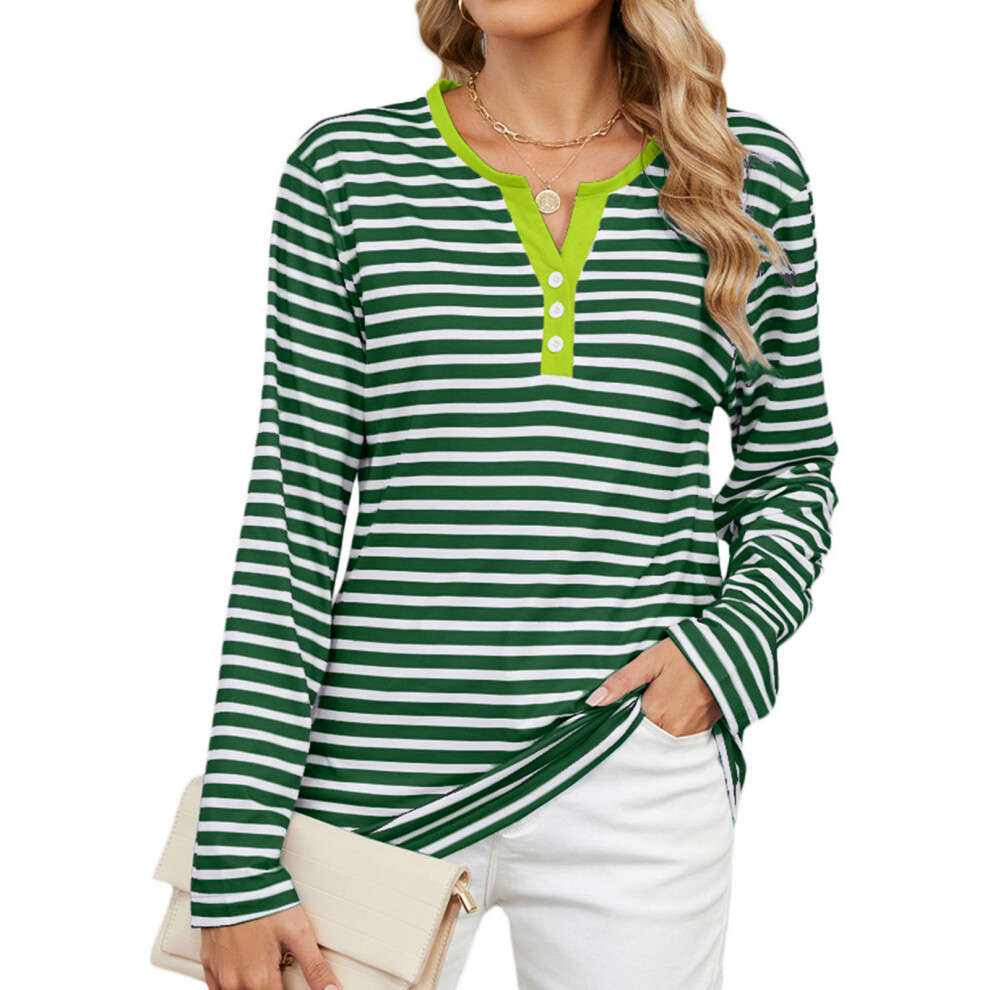 Women's Autumn Long-Sleeved Striped Henley Shirt,-Green S