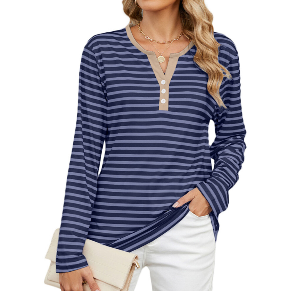 Women's Autumn Long-Sleeved Striped Henley Shirt,-Navy Blue L