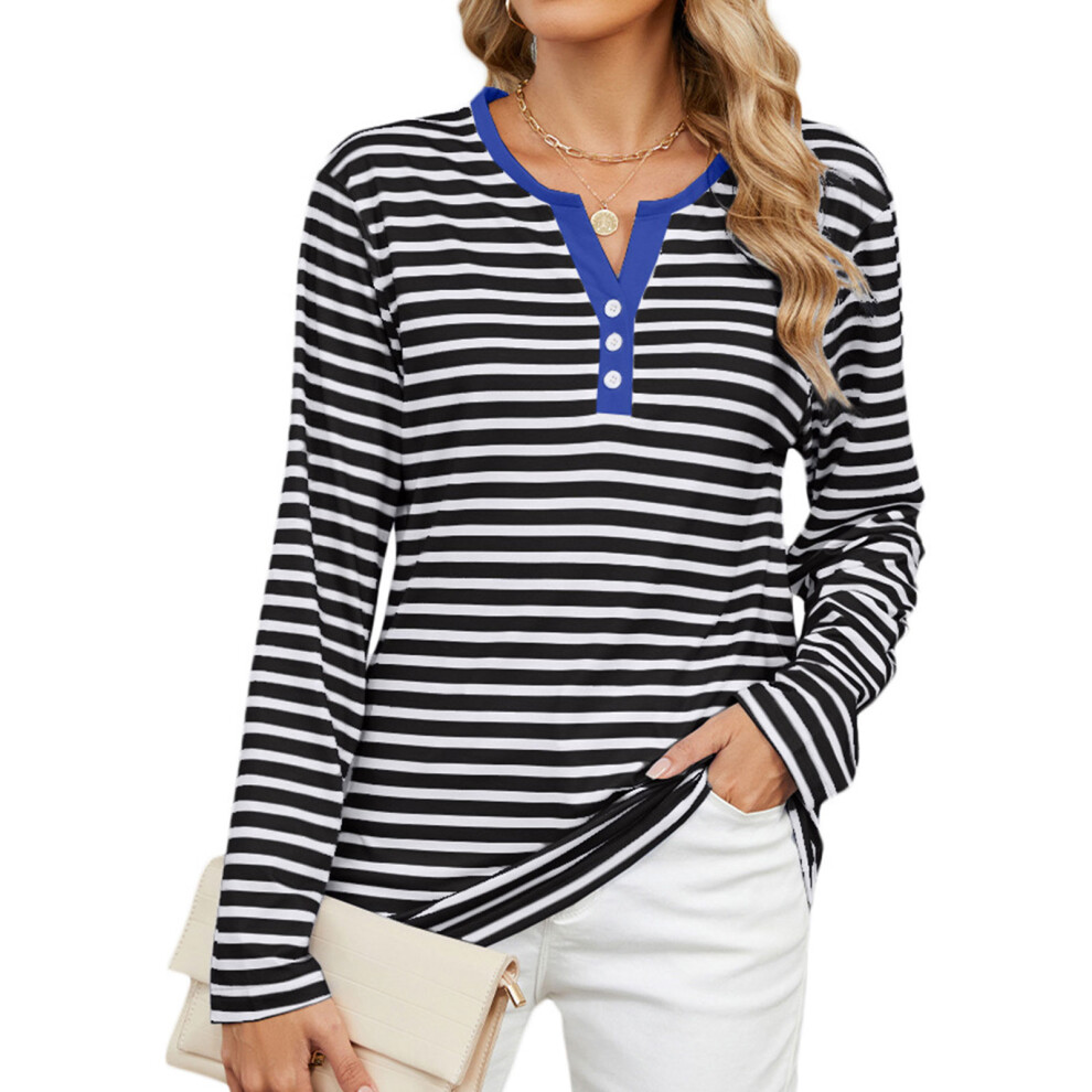 Women's Autumn Long-Sleeved Striped Henley Shirt,-Black S