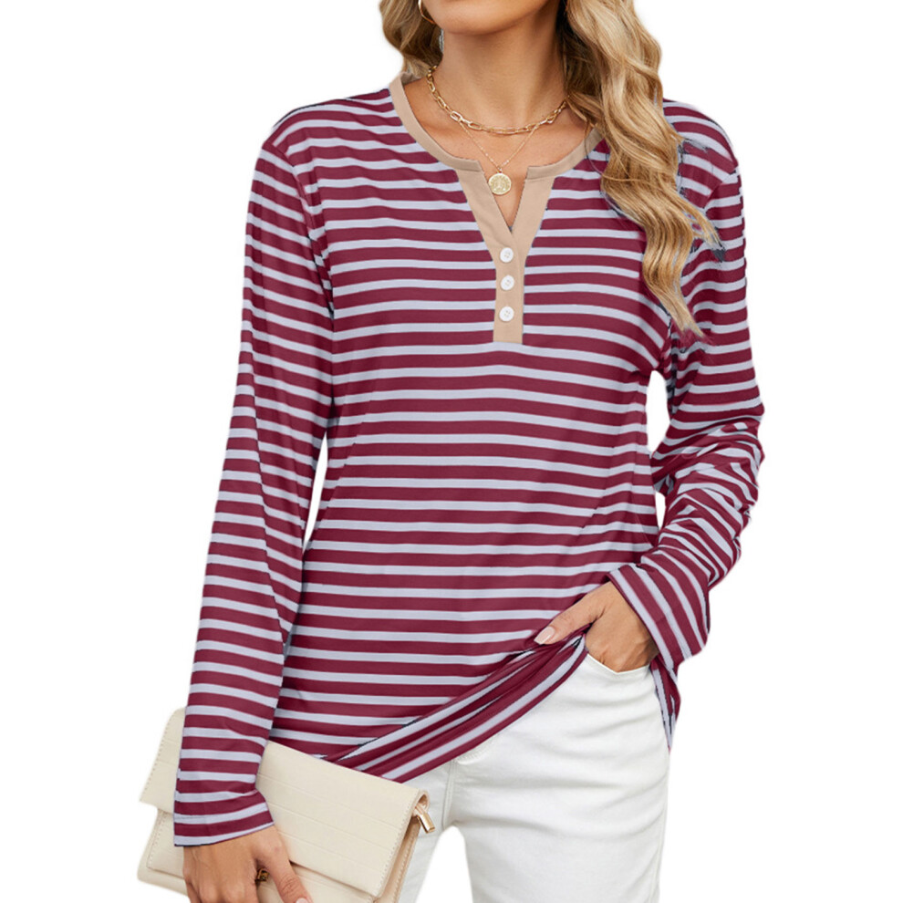 Women's Autumn Long-Sleeved Striped Henley Shirt,-Red XL