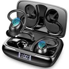 Casque de sport sans fil Bluetooth 5.3 avec réduction du bruit, micro intégré, boucles dorées, étanchéité IPX7, basses profondes, auton