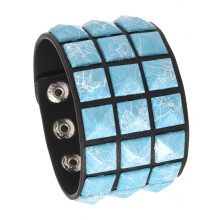 Square Studded Leather Punk Bracelet Adjustable Soft-Sky Blue