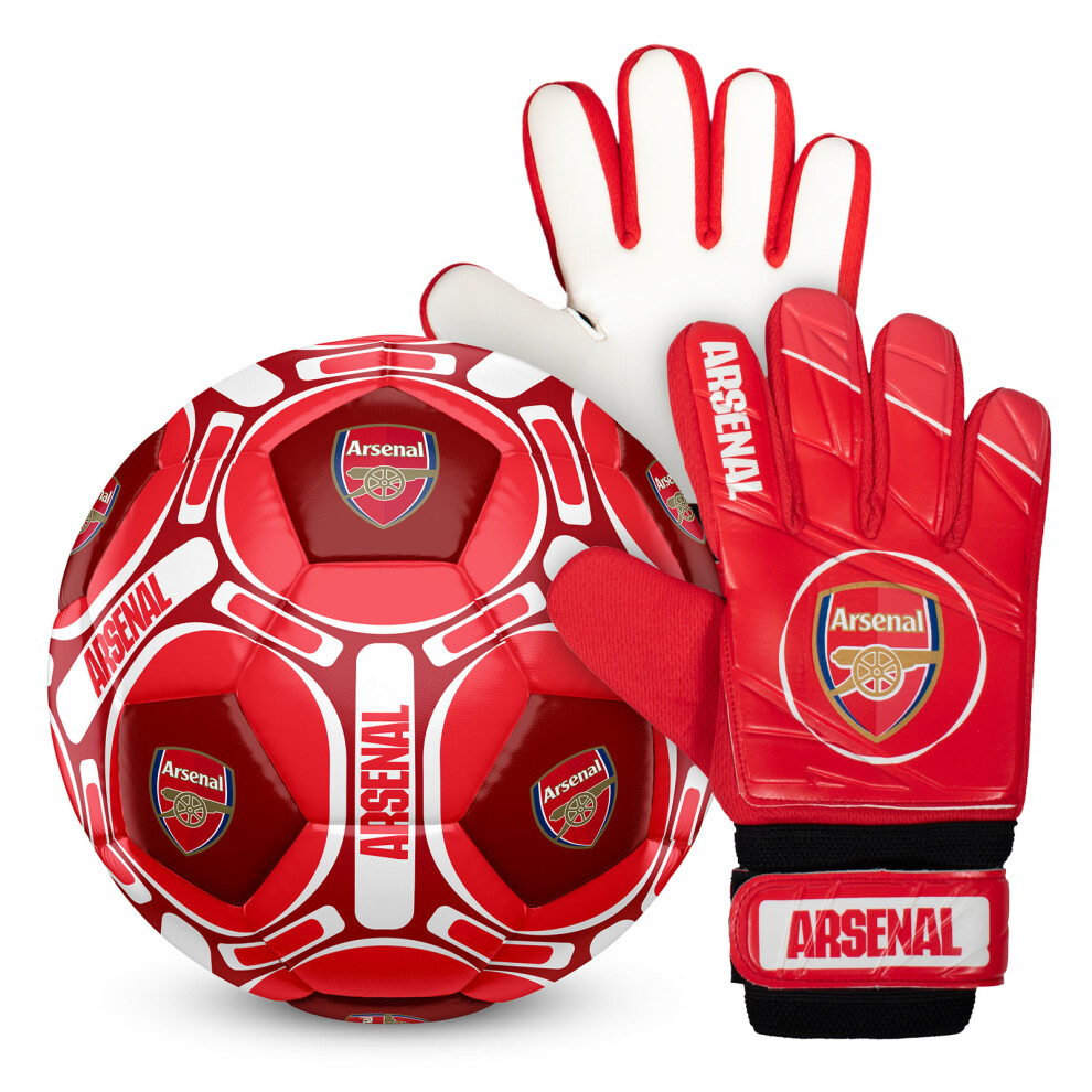 Arsenal Fc Official Size 4 Football & Youths Goalkeeper Gloves Junior Gift Set