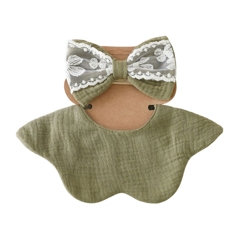 Soft Cotton Lace Drooling Bib and Matching Bowknot Headband-I